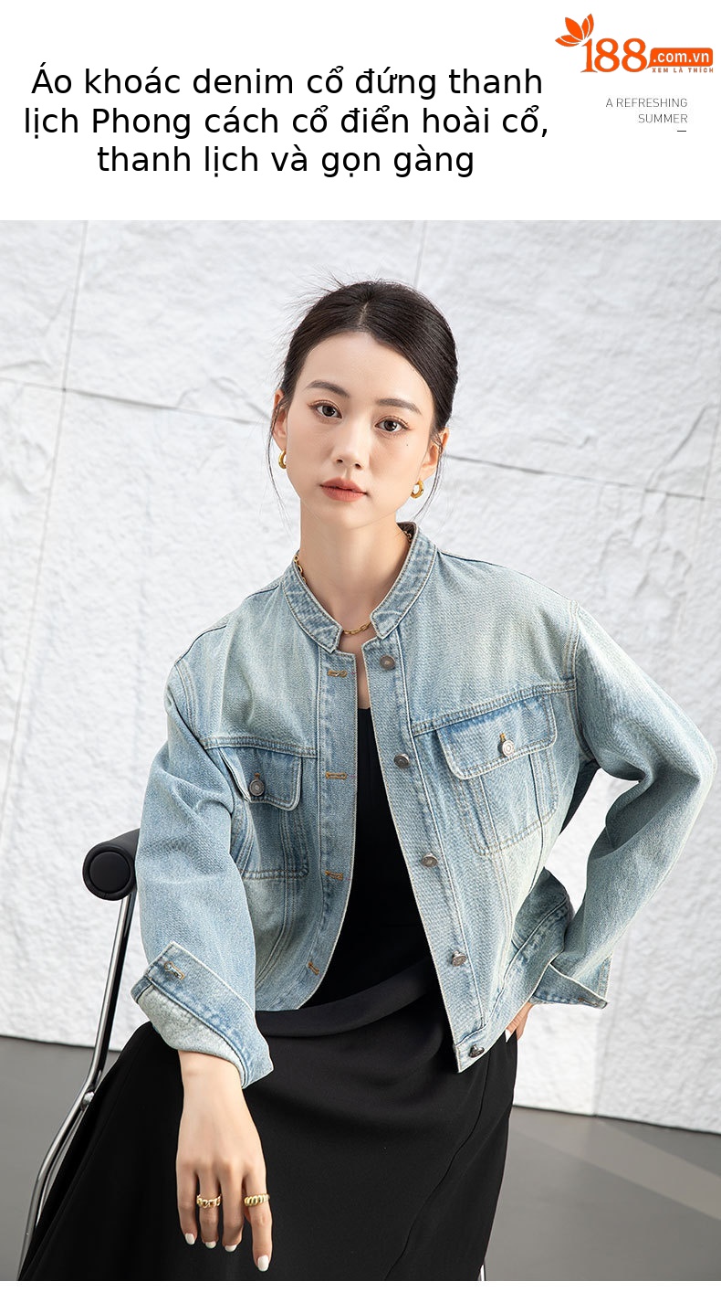 Áo khoác denim ngắn cổ đứng kiểu vintage nữ dáng rộng — Xanh lam hoài cổ chi tiết 1