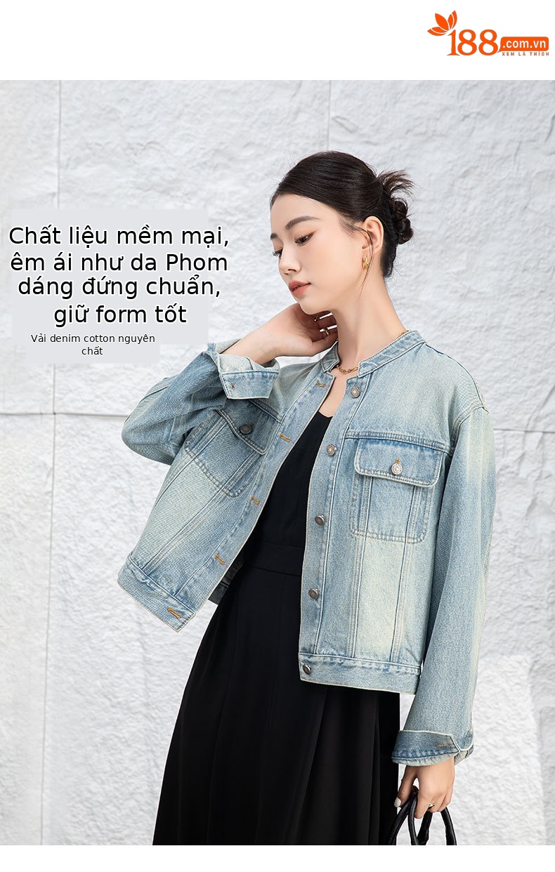 Áo khoác denim ngắn cổ đứng kiểu vintage nữ dáng rộng — Xanh lam hoài cổ chi tiết 5