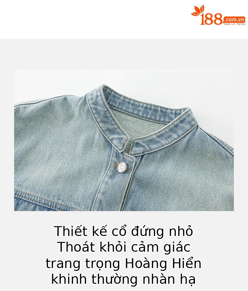 Áo khoác denim ngắn cổ đứng kiểu vintage nữ dáng rộng — Xanh lam hoài cổ chi tiết 6