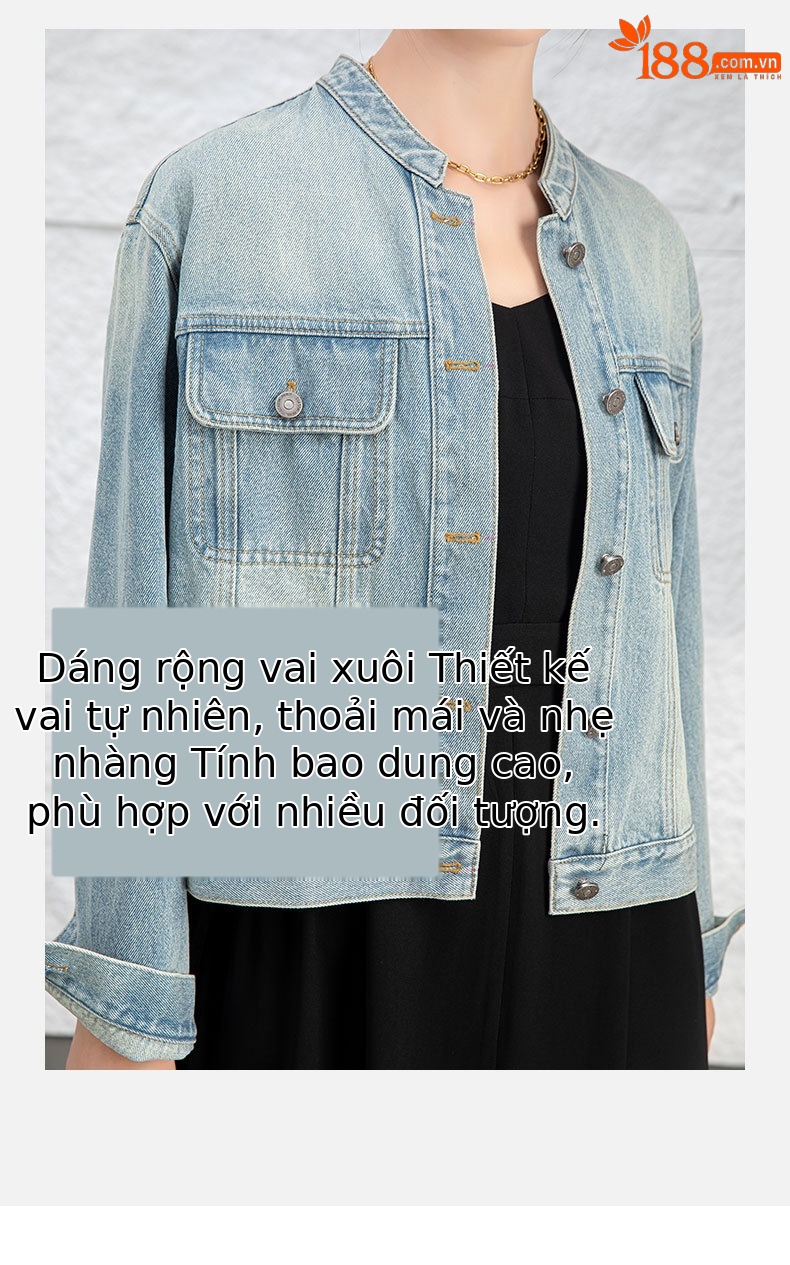 Áo khoác denim ngắn cổ đứng kiểu vintage nữ dáng rộng — Xanh lam hoài cổ chi tiết 7