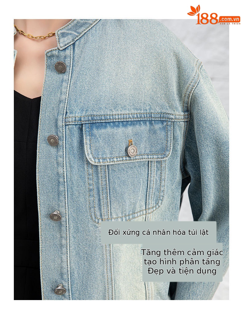 Áo khoác denim ngắn cổ đứng kiểu vintage nữ dáng rộng — Xanh lam hoài cổ chi tiết 8