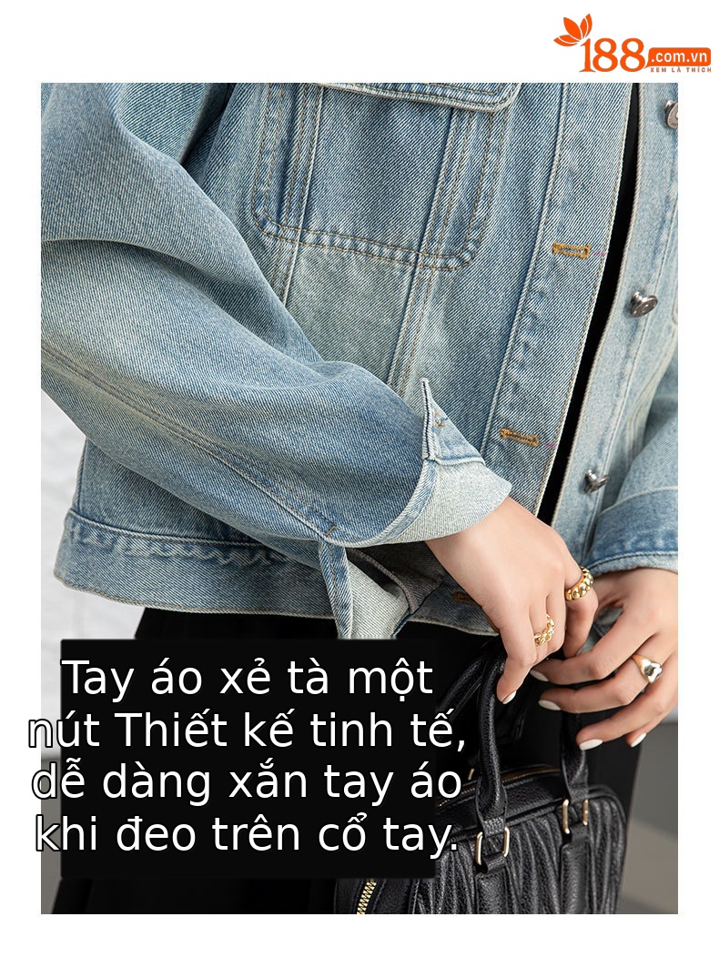 Áo khoác denim ngắn cổ đứng kiểu vintage nữ dáng rộng — Xanh lam hoài cổ chi tiết 9