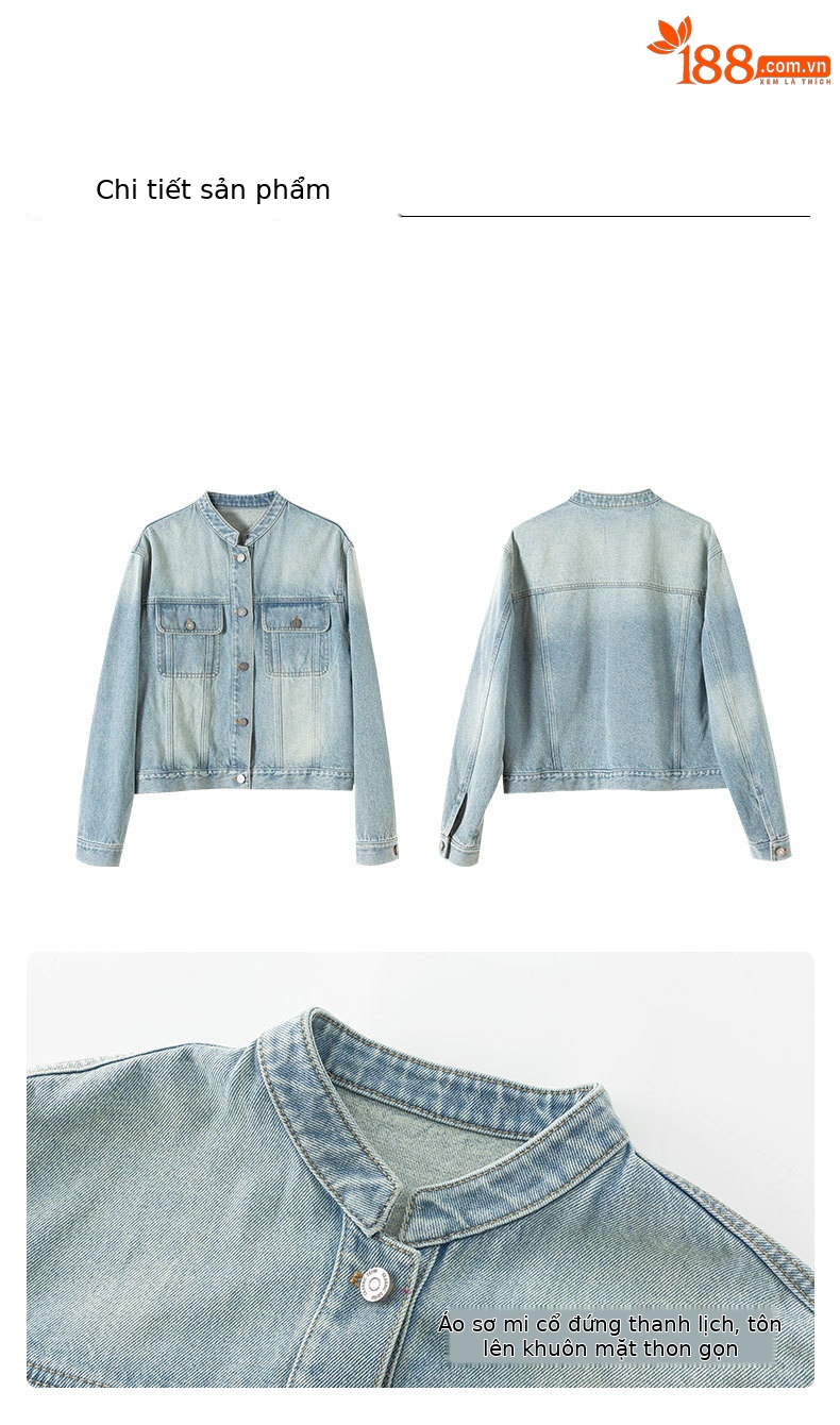 Áo khoác denim ngắn cổ đứng kiểu vintage nữ dáng rộng — Xanh lam hoài cổ chi tiết 10