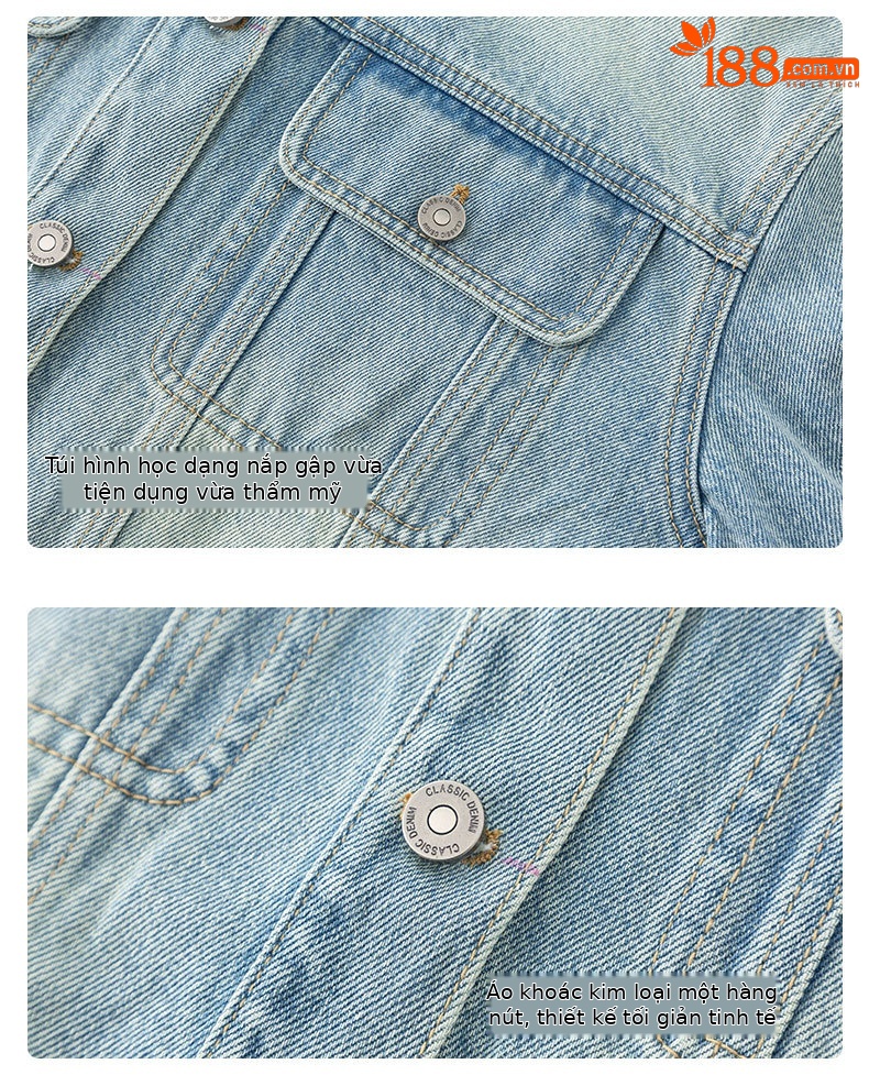Áo khoác denim ngắn cổ đứng kiểu vintage nữ dáng rộng — Xanh lam hoài cổ chi tiết 11