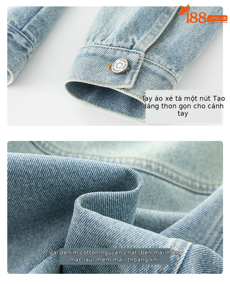 Áo khoác denim ngắn cổ đứng kiểu vintage nữ dáng rộng — Xanh lam hoài cổ chi tiết 12
