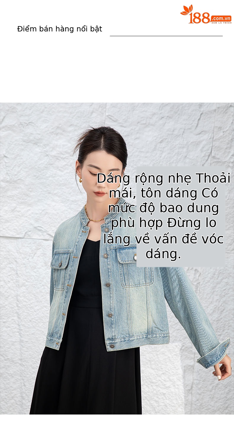 Áo khoác denim ngắn cổ đứng kiểu vintage nữ dáng rộng — Xanh lam hoài cổ chi tiết 4