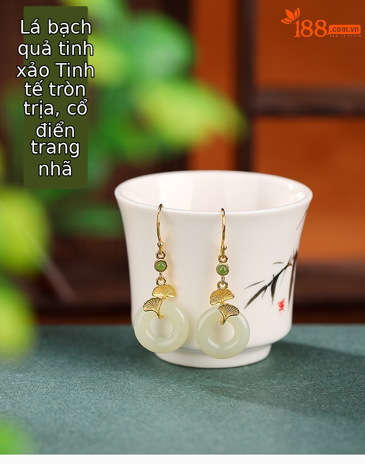 Khuyên tai móc bạc S925 mạ vàng đính ngọc bích hình lá bạch quả retro — Kiểu màu bạc chi tiết 2