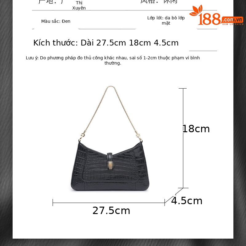 Túi xách tay nữ hình lưỡi liềm da cá sấu phối sequin phong cách Hàn Quốc (25×5.5×18 cm) — Màu đen chi tiết 4