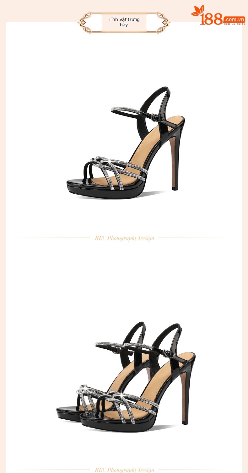 Sandal cao gót nữ hở mũi đính đá gót nhọn 9 cm — Màu đen chi tiết 2
