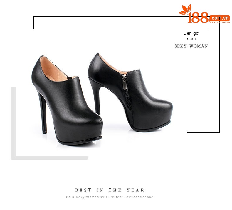 Giày cao gót nữ mũi nhọn đế chống thấm nước, gót 13 cm, da thật — Màu đen chi tiết 3
