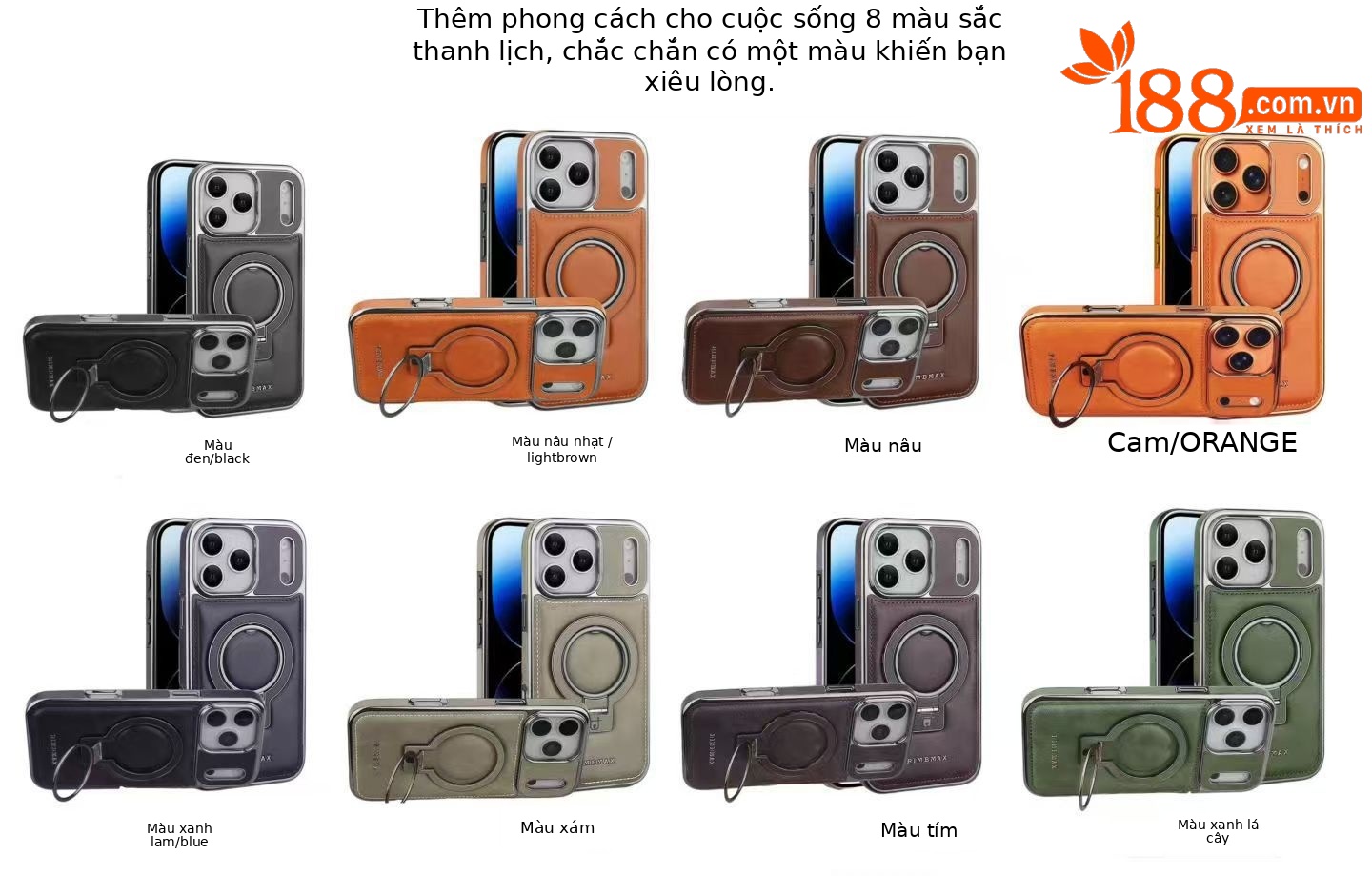 Ốp lưng iPhone chống rơi toàn diện, tích hợp giá đỡ nam châm da, kèm móc đeo tay — Màu đen, Xanh lam đậm, Màu nâu nhạt, Màu tím đậm chi tiết 1
