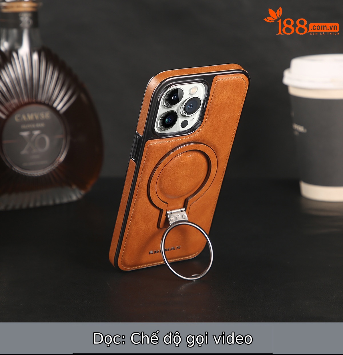 Ốp lưng iPhone chống rơi toàn diện, tích hợp giá đỡ nam châm da, kèm móc đeo tay — Màu đen, Xanh lam đậm, Màu nâu nhạt, Màu tím đậm chi tiết 2