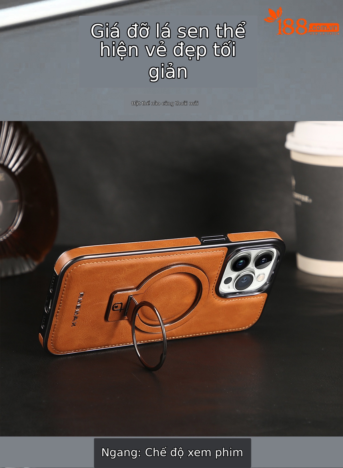 Ốp lưng iPhone chống rơi toàn diện, tích hợp giá đỡ nam châm da, kèm móc đeo tay — Màu đen, Xanh lam đậm, Màu nâu nhạt, Màu tím đậm chi tiết 3