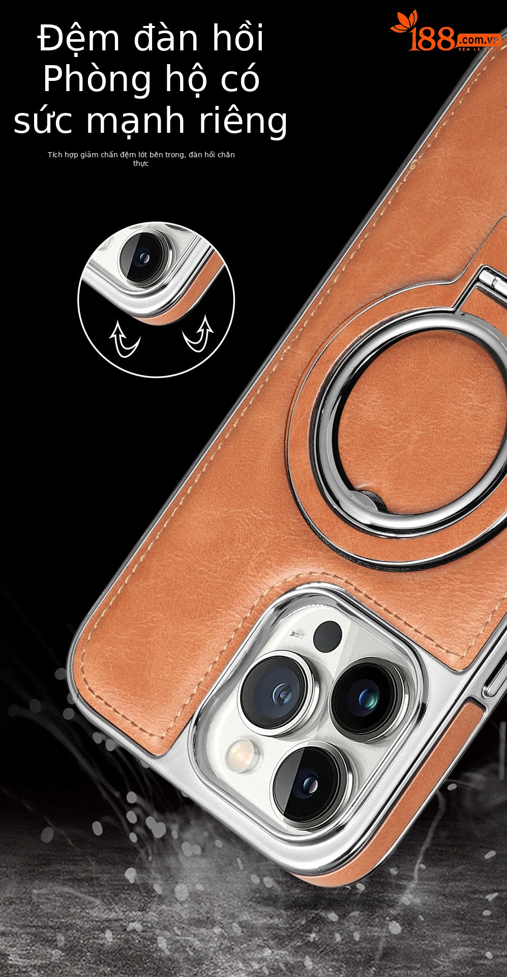 Ốp lưng iPhone chống rơi toàn diện, tích hợp giá đỡ nam châm da, kèm móc đeo tay — Màu đen, Xanh lam đậm, Màu nâu nhạt, Màu tím đậm chi tiết 6