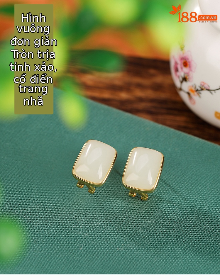 Khuyên tai nữ bạc S925 mạ vàng đính ngọc Hetian hình vuông phong cách đơn giản sang trọng — Kiểu màu bạc chi tiết 2