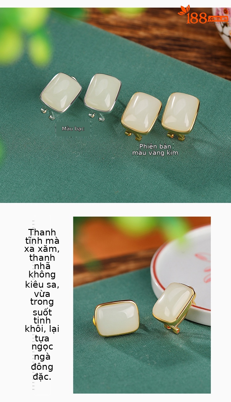 Khuyên tai nữ bạc S925 mạ vàng đính ngọc Hetian hình vuông phong cách đơn giản sang trọng — Kiểu màu bạc chi tiết 4