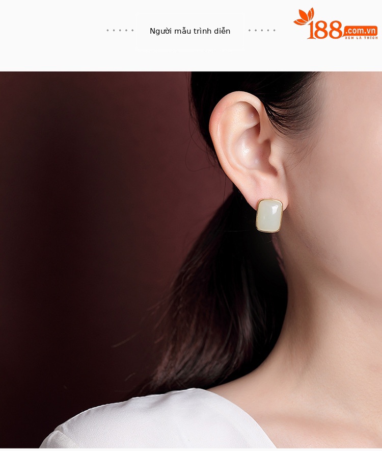 Khuyên tai nữ bạc S925 mạ vàng đính ngọc Hetian hình vuông phong cách đơn giản sang trọng — Kiểu màu bạc chi tiết 7