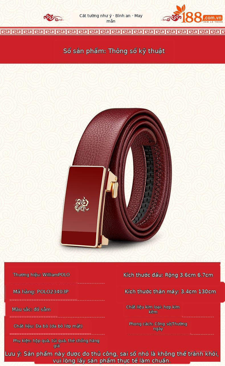 Thắt lưng da nam Emperor Paul khóa tự động màu đỏ — 120cm, 130cm, 110cm, 125cm chi tiết 8