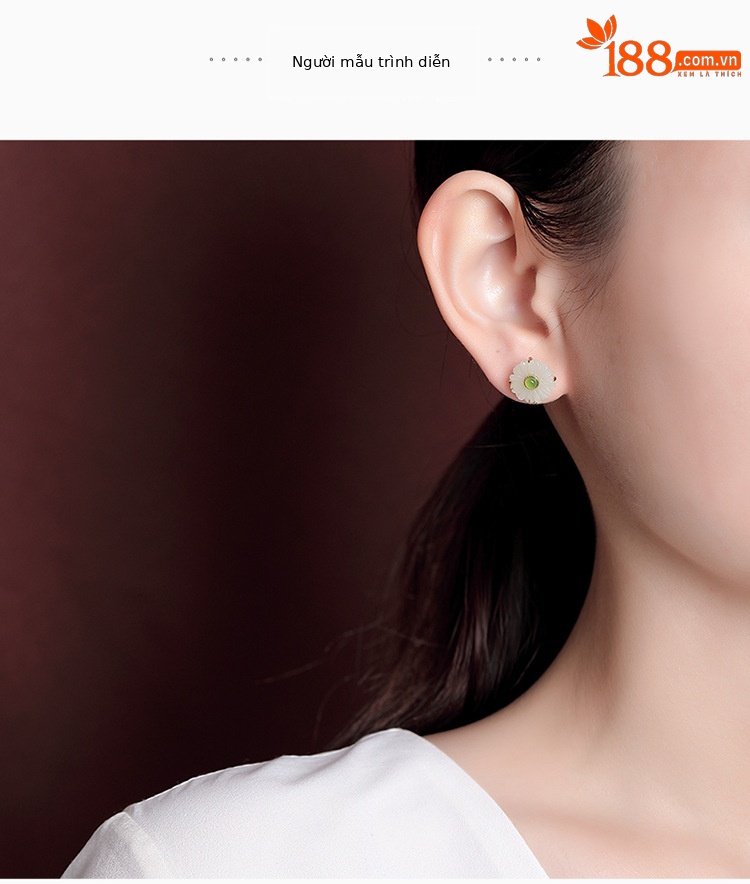 Bông tai bạc S925 mạ vàng đính ngọc bích jasper hình hoa cúc nhỏ thời trang — Kiểu màu bạc chi tiết 9