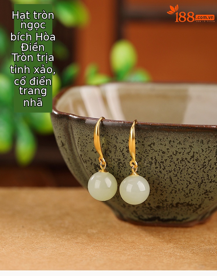 Bông tai bạc S925 mạ vàng đính ngọc Hetian phong cách cổ điển hạt tròn hình học — Kiểu màu bạc chi tiết 1