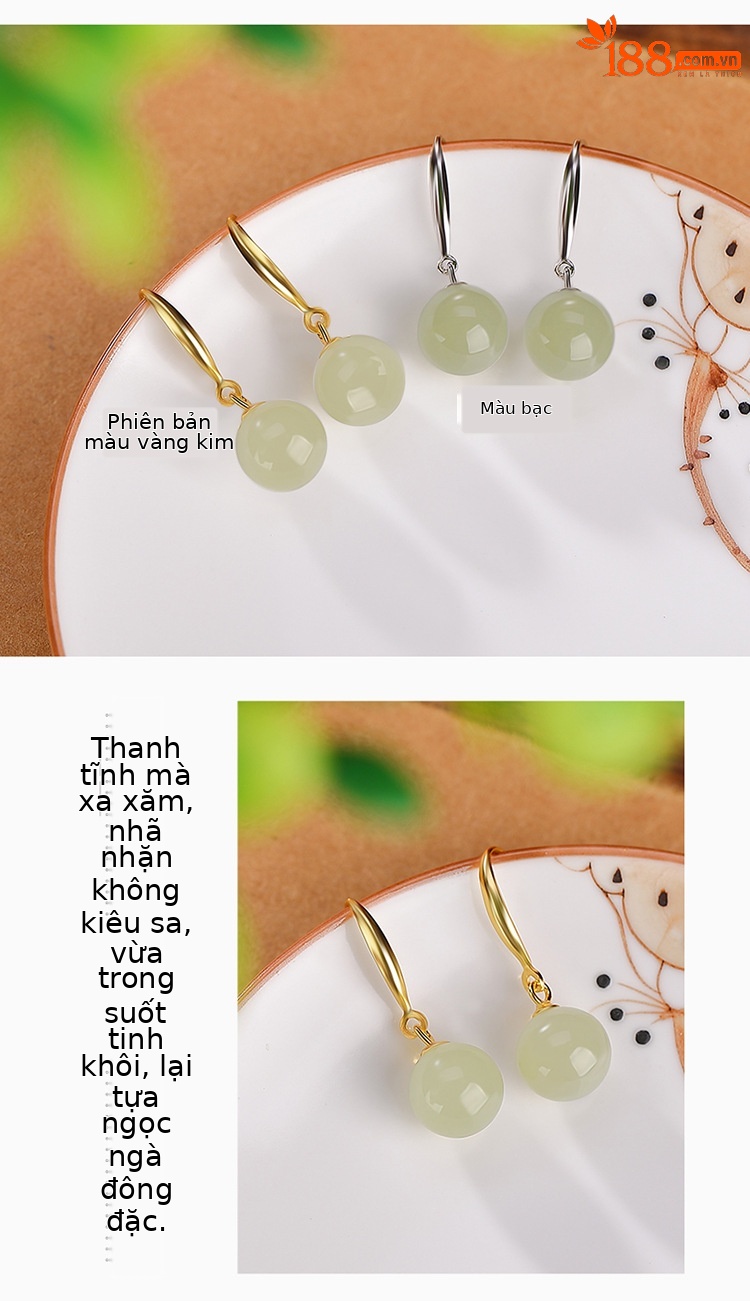 Bông tai bạc S925 mạ vàng đính ngọc Hetian phong cách cổ điển hạt tròn hình học — Kiểu màu bạc chi tiết 4