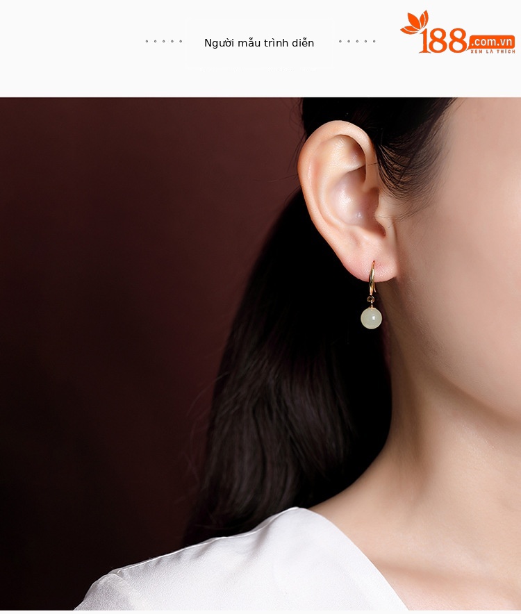 Bông tai bạc S925 mạ vàng đính ngọc Hetian phong cách cổ điển hạt tròn hình học — Kiểu màu bạc chi tiết 7