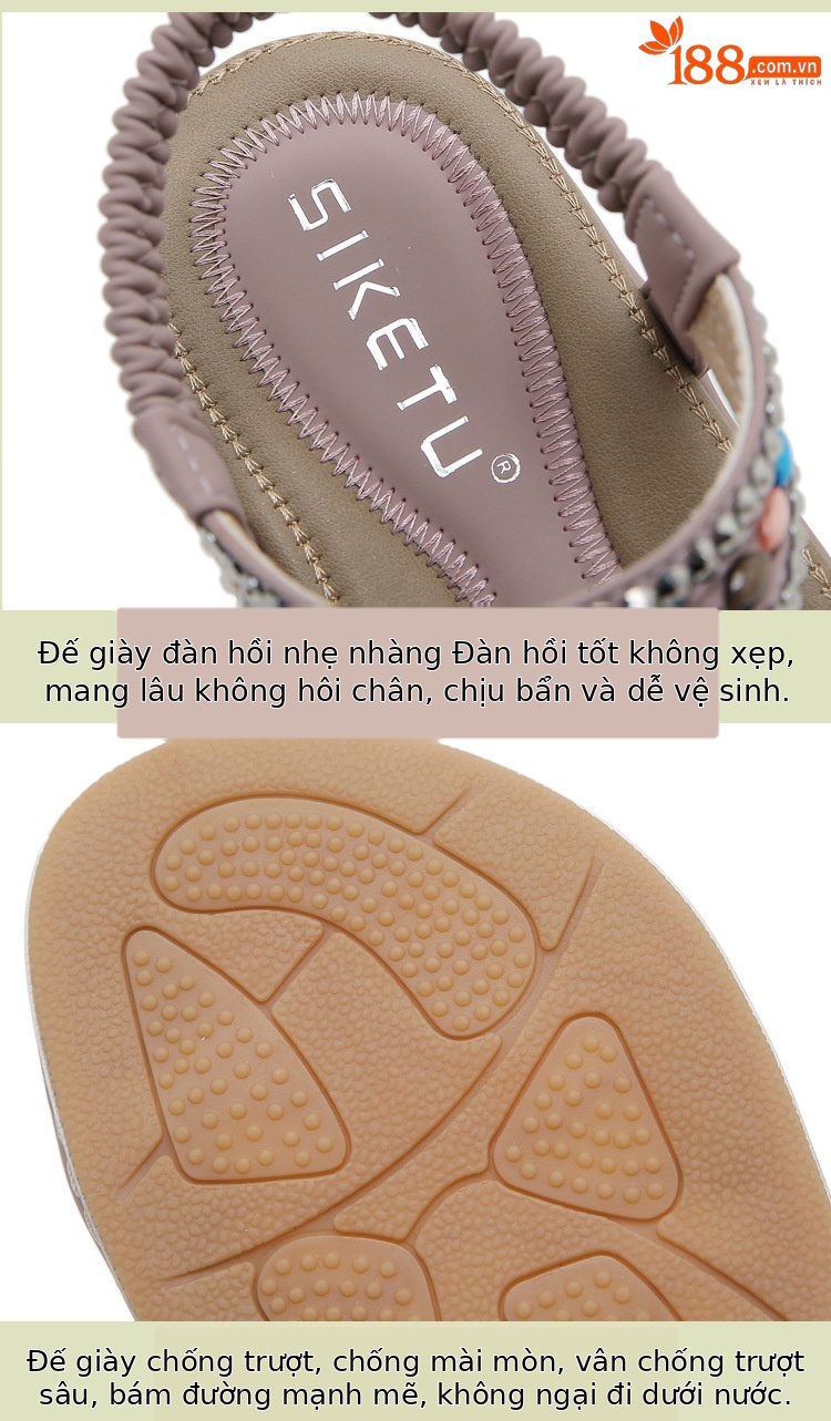 Sandal nữ đế bệt đính đá đi biển phong cách thoải mái — Màu đen, Màu tím, Màu mơ chi tiết 3