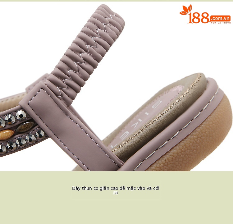 Sandal nữ đế bệt đính đá đi biển phong cách thoải mái — Màu đen, Màu tím, Màu mơ chi tiết 4