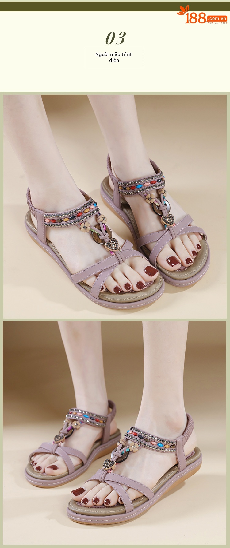 Sandal nữ đế bệt đính đá đi biển phong cách thoải mái — Màu đen, Màu tím, Màu mơ chi tiết 5