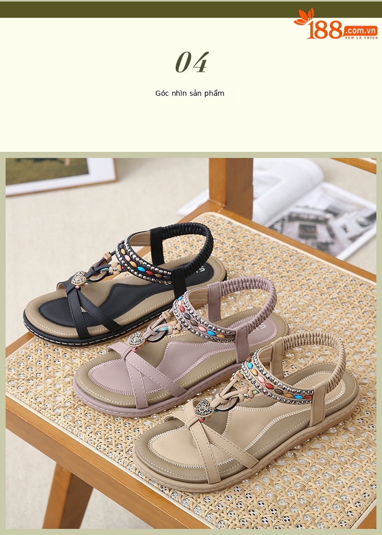 Sandal nữ đế bệt đính đá đi biển phong cách thoải mái — Màu đen, Màu tím, Màu mơ chi tiết 13