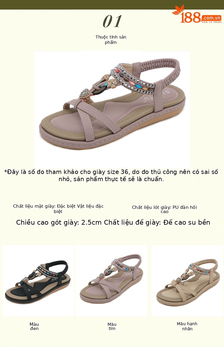 Sandal nữ đế bệt đính đá đi biển phong cách thoải mái — Màu đen, Màu tím, Màu mơ chi tiết 1