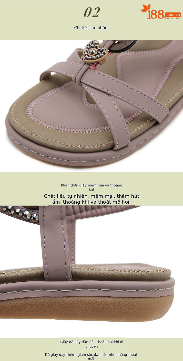 Sandal nữ đế bệt đính đá đi biển phong cách thoải mái — Màu đen, Màu tím, Màu mơ chi tiết 2