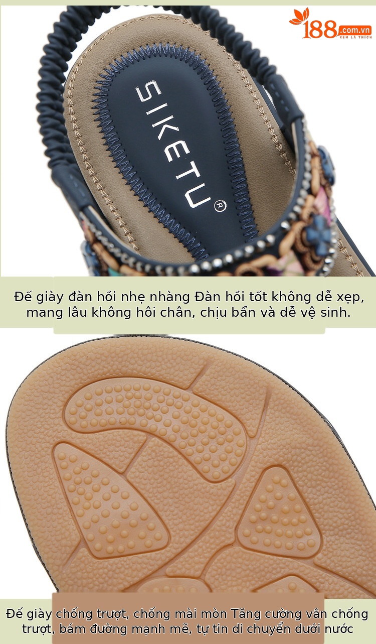 Sandal nữ đế bệt phong cách Bohemian đính đá đi biển — Nâu đậm, Màu xanh ngọc, Màu mơ chi tiết 3