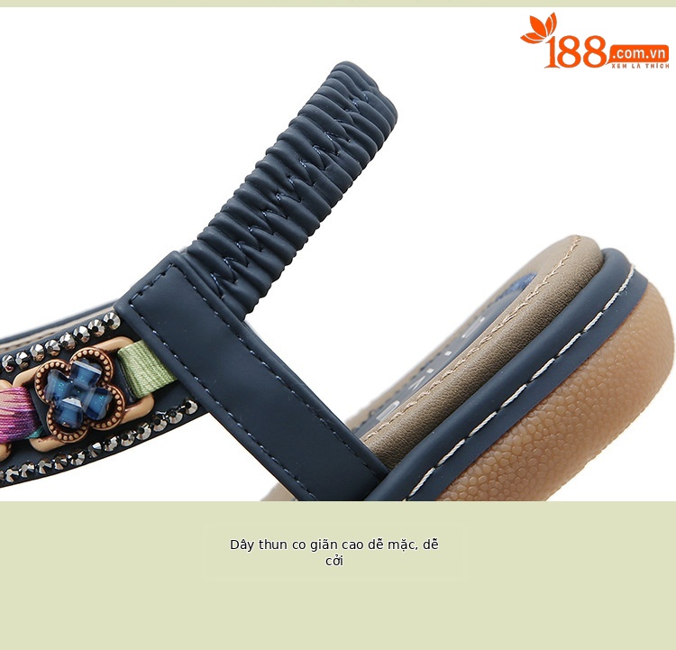 Sandal nữ đế bệt phong cách Bohemian đính đá đi biển — Nâu đậm, Màu xanh ngọc, Màu mơ chi tiết 4