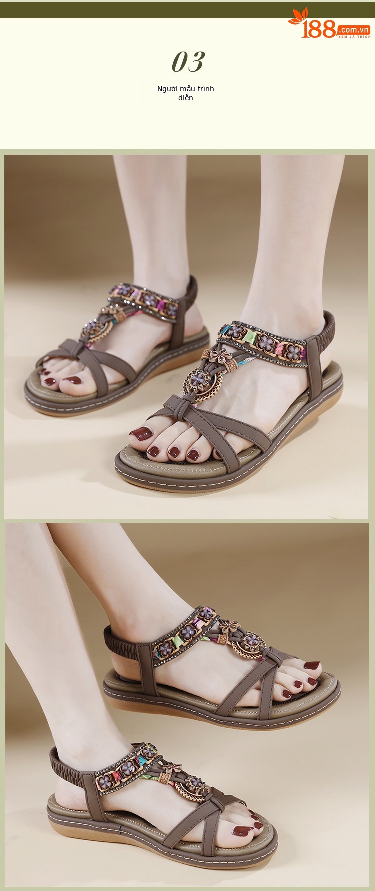 Sandal nữ đế bệt phong cách Bohemian đính đá đi biển — Nâu đậm, Màu xanh ngọc, Màu mơ chi tiết 5