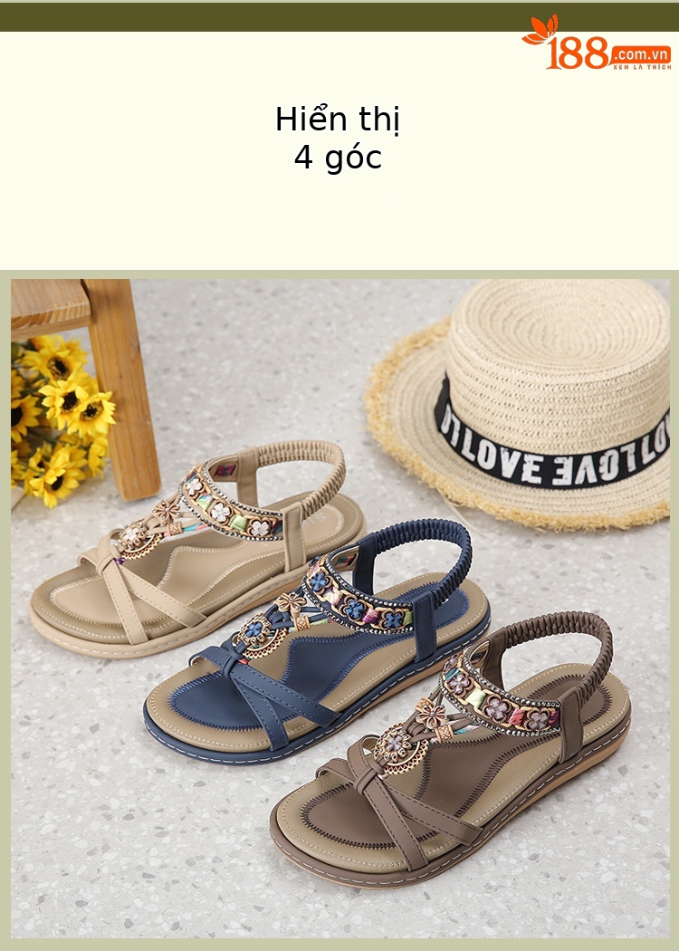 Sandal nữ đế bệt phong cách Bohemian đính đá đi biển — Nâu đậm, Màu xanh ngọc, Màu mơ chi tiết 13