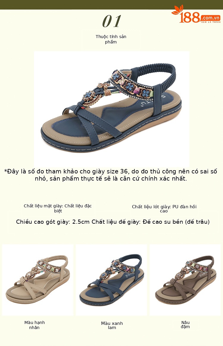 Sandal nữ đế bệt phong cách Bohemian đính đá đi biển — Nâu đậm, Màu xanh ngọc, Màu mơ chi tiết 1