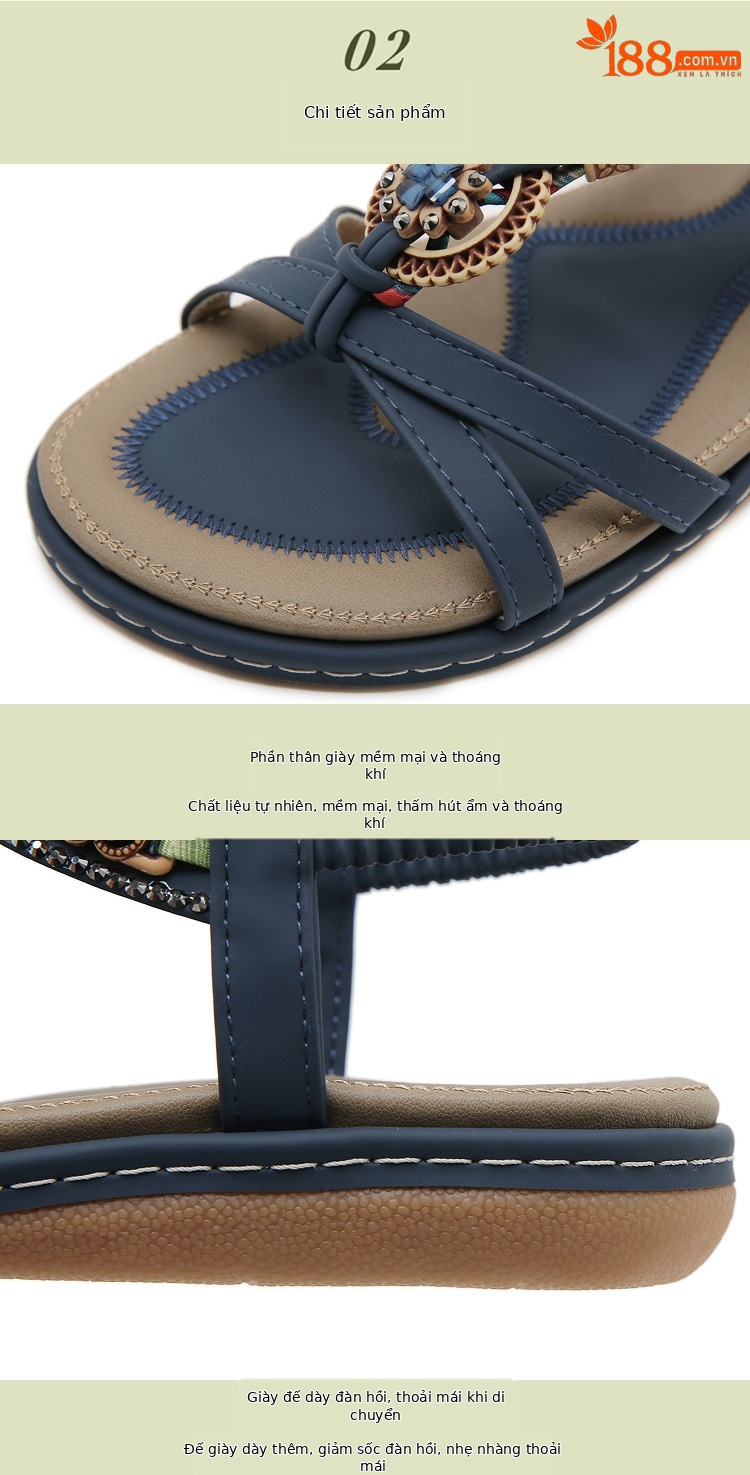 Sandal nữ đế bệt phong cách Bohemian đính đá đi biển — Nâu đậm, Màu xanh ngọc, Màu mơ chi tiết 2