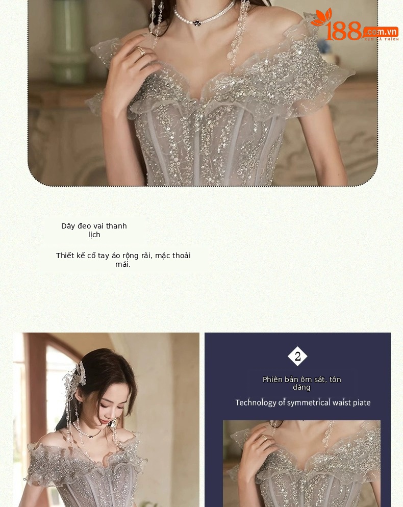 Đầm dạ hội nữ kiểu Pháp thiết kế trễ vai thanh lịch — Màu xám nhạt chi tiết 3