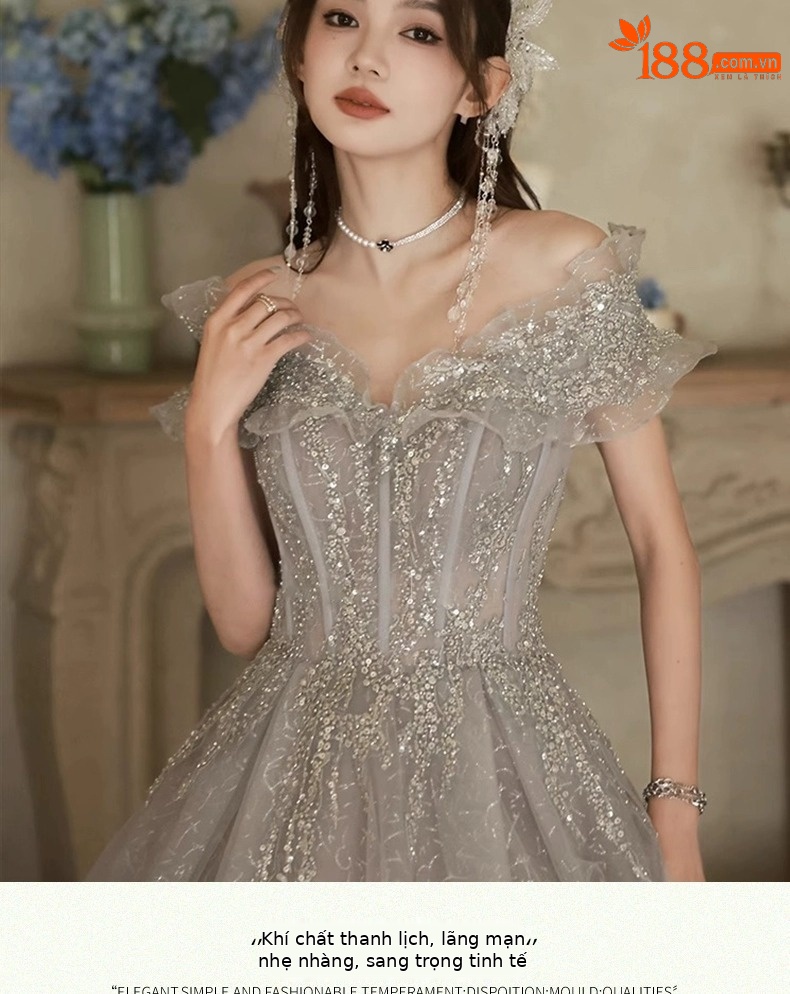 Đầm dạ hội nữ kiểu Pháp thiết kế trễ vai thanh lịch — Màu xám nhạt chi tiết 7