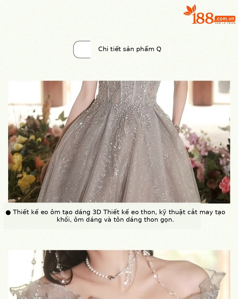 Đầm dạ hội nữ kiểu Pháp thiết kế trễ vai thanh lịch — Màu xám nhạt chi tiết 12