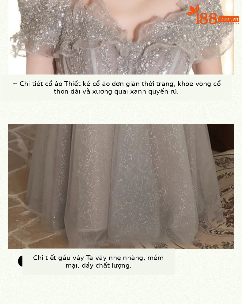Đầm dạ hội nữ kiểu Pháp thiết kế trễ vai thanh lịch — Màu xám nhạt chi tiết 13