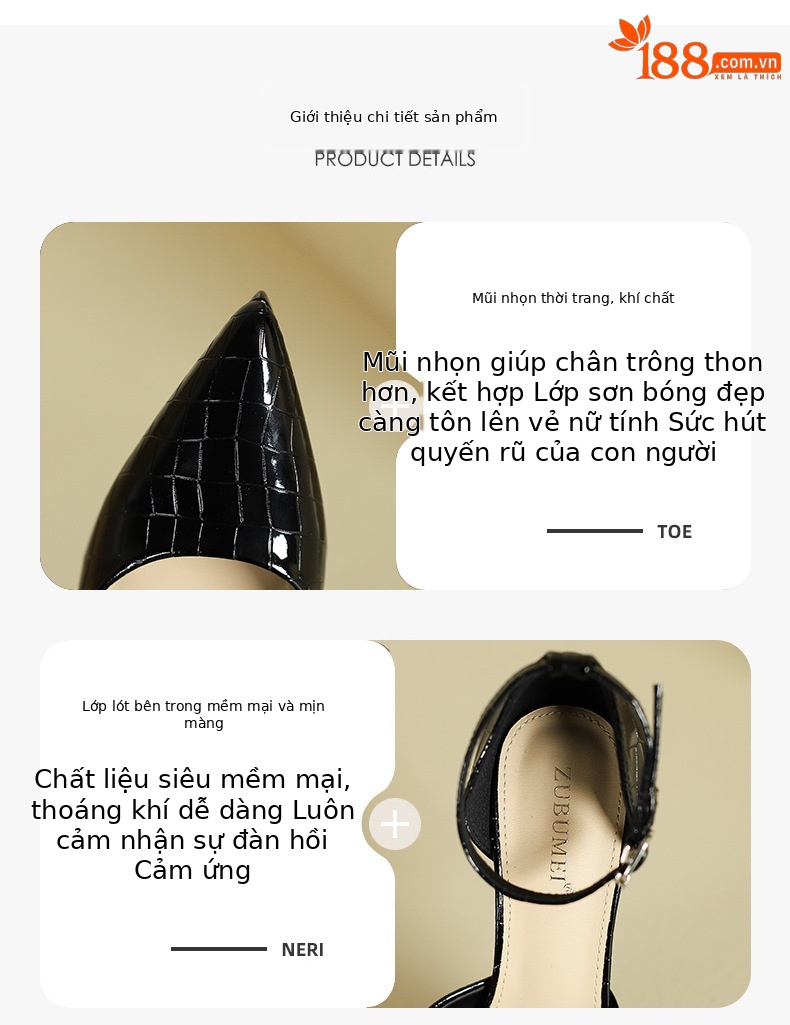 Sandal cao gót nữ hở mũi quai ngang gót nhọn 9 cm — Màu đen chi tiết 2