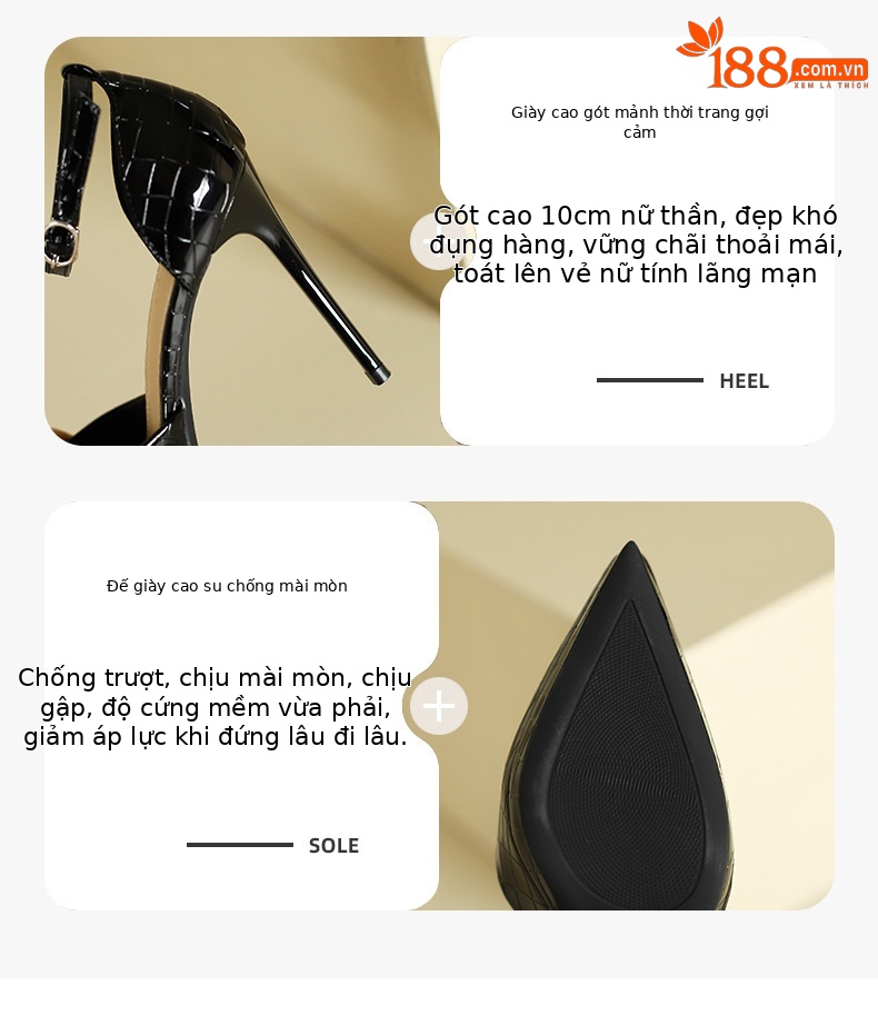 Sandal cao gót nữ hở mũi quai ngang gót nhọn 9 cm — Màu đen chi tiết 3