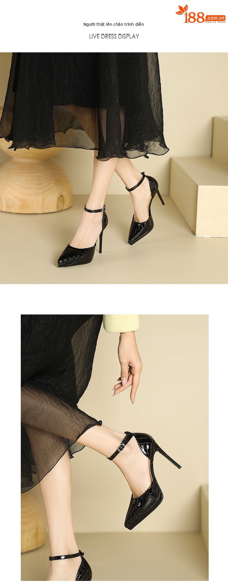 Sandal cao gót nữ hở mũi quai ngang gót nhọn 9 cm — Màu đen chi tiết 4
