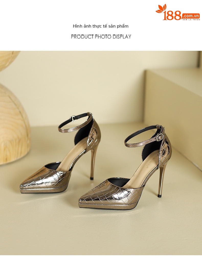 Sandal cao gót nữ hở mũi quai ngang gót nhọn 9 cm — Màu đen chi tiết 8