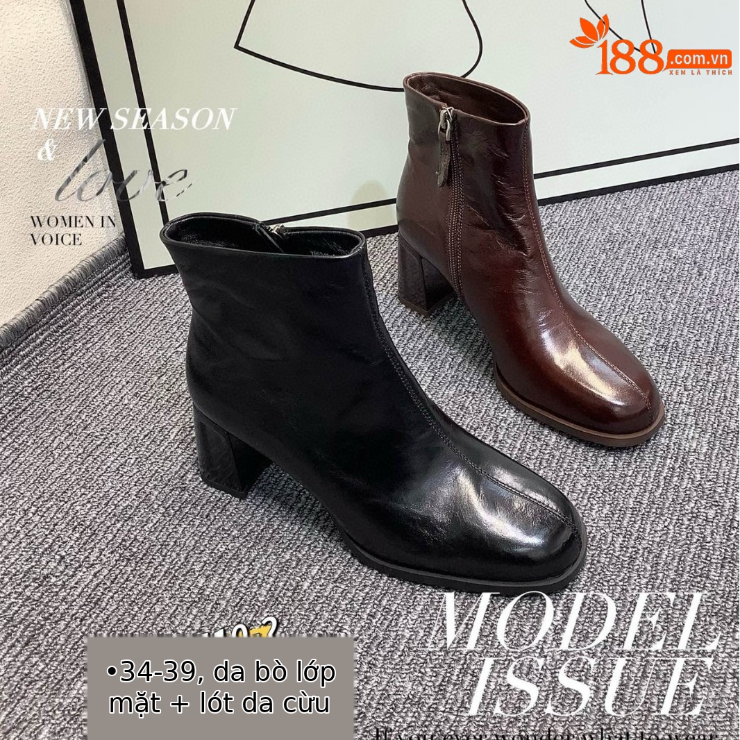 Boot nữ cổ thấp da bò mũi tròn gót vuông 9 cm phong cách Anh quốc — Màu đen