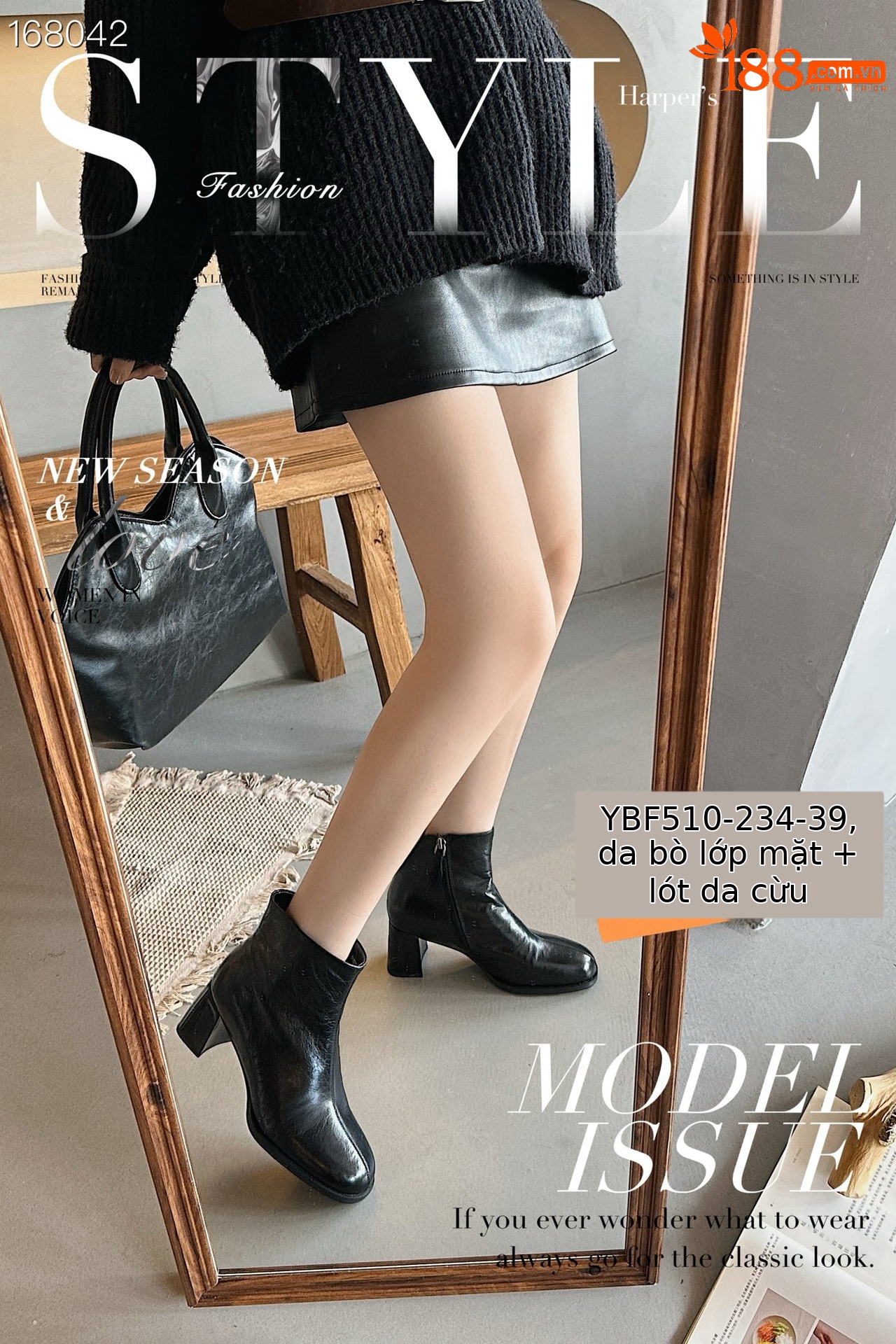 Boot nữ cổ thấp da bò mũi tròn gót vuông 9 cm phong cách Anh quốc — Màu đen chi tiết 4