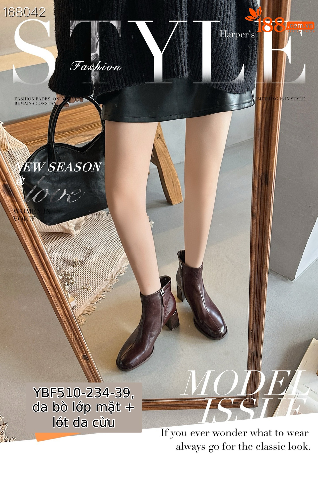 Boot nữ cổ thấp da bò mũi tròn gót vuông 9 cm phong cách Anh quốc — Màu đen chi tiết 5