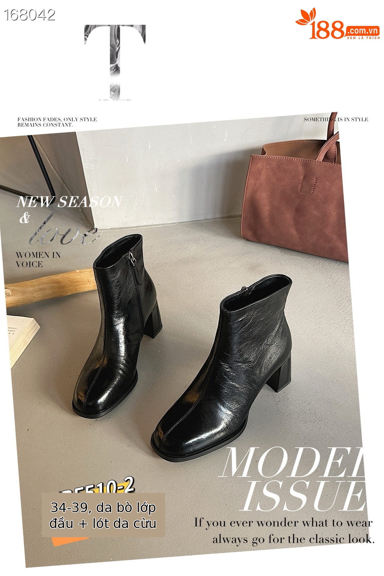 Boot nữ cổ thấp da bò mũi tròn gót vuông 9 cm phong cách Anh quốc — Màu đen chi tiết 7